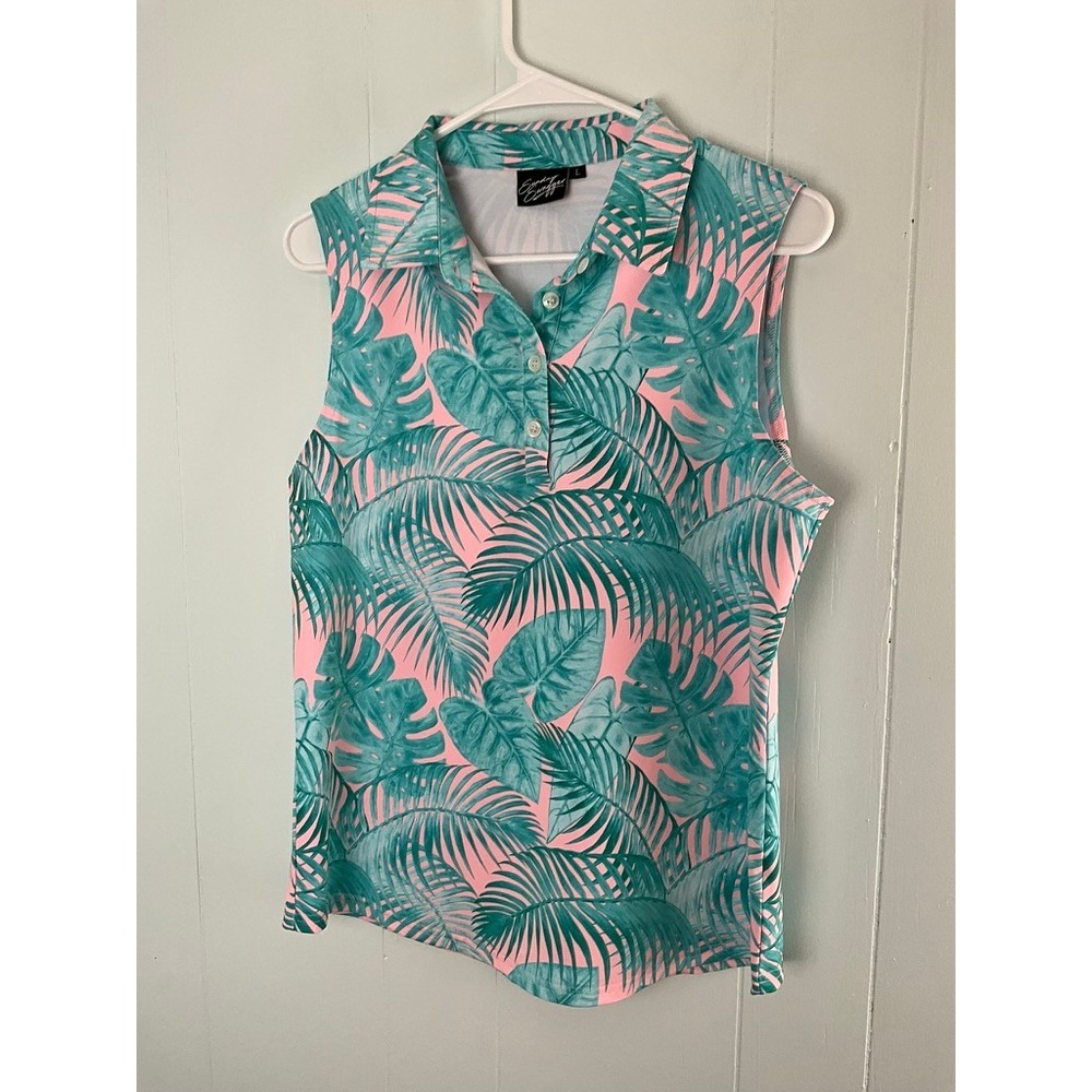 Sunday Swagger Womens Pink Green Tropical Palm Leaf Sleeveless Golf Polo Shirt L